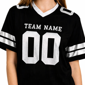 ชุดเดรสเสื้อเจอร์ซีย์อเมริกันฟุตบอลสีดำสำหรับผู้หญิง คอลเลคชั่นฤดูร้อน คอวี ทรงโอเวอร์ไซส์ ชุดยูนิฟอร์มทีม รับผลิตแบบ OEM แบรนด์ส่วนตัว จำหน่ายส่งจากสหรัฐอเมริกา - Product Image 5