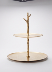 Premium Gold Metal 2 <b>Tier</b> <b>Cake</b> <b>Stand</b> with Branch Handle Organic Style Pastry Cupcake Display Serving Tray - Product Image 2