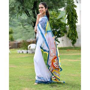 Sari pour femme en viscose organza, doux, durable, toutes saisons, élégant, imprimé à la main, séchage rapide, style traditionnel indien - Product Image 5