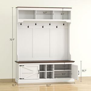 Perchero de grano de madera blanca 3 en 1, muebles de entrada con ganchos y almacenamiento de zapatos, Banco de árbol de Salón 3 en 1 - Product Image 3