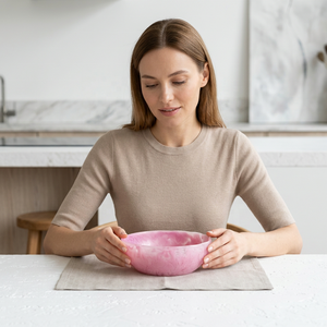Bol en résine écologique fait main, rose, design classique, surface polie, pour servir les salades - Product Image 1
