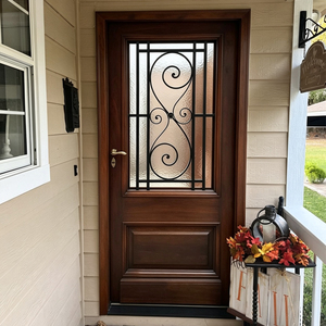 Puerta de Entrada Contemporánea de Madera Sólida con Diseño Decorativo de Hierro Forjado, Puerta Exterior Abatible GA-18G - Product Image 1