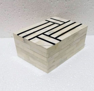 Boîtes à bijoux à rayures en résine noire et blanche avec incrustation d'os Boîtes à bijoux décoratives en résine MDF Incrustation Durable et élégante - Product Image 6