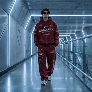 <b>Men's</b> <b>Burgundy</b> Motorsport <b>Hoodie</b> Sweatpants Tracksuit Set One Apex Racing Streetwear Two-Piece Matching Casual Jogger Outfit - Product Image 4
