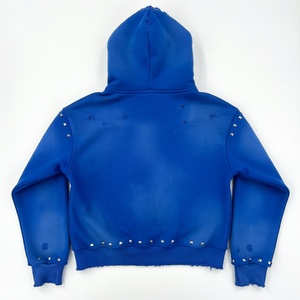 Sweat à capuche zippé bleu personnalisé pour homme, style Y2K, avec graphiques, clouté, effet vieilli, streetwear, en coton épais, coupe oversize, délavé - Product Image 5