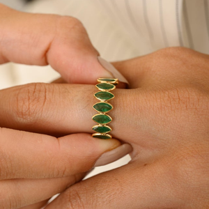 Stackable 18K White and Yellow Gold Emerald Half Eternity Band Ring Resizable Cluster Wedding Ring - Product Image 1