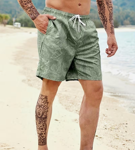 Men's Green Tropical Print Quick Dry Board Shorts With Pockets Drawstring Waist Casual Beach Swimwear - Product Image 2