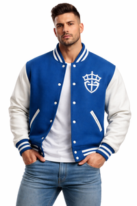 Veste universitaire élégante bleue et blanche avec emblème couronne sur le devant – Veste Letterman personnalisée pour homme et femme, imperméable, respirante, à capuche - Product Image 4