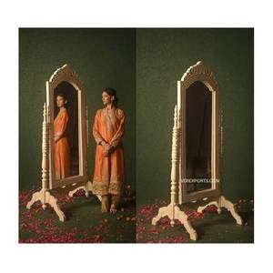 <b>Antique</b> Distress Beige Hand-Carved Standing Psyche Mirror Traditional Standing Mirror <b>Frame</b> - Product Image 1