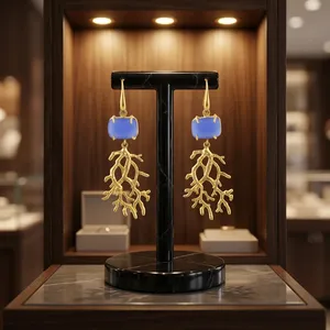 Wholesale Trending Jewelry 18k <b>Gold</b> Plated Brass Hook <b>Earring</b> Gemstone Blue Chalcedony Coral Branch Drop <b>Earring</b> Claw Setting - Product Image 2
