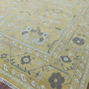 Tapis moderne floral jaune et crème de qualité supérieure pour salon, tapis en laine noué à la main |   Broderie abstraite pour enfants et chambre à coucher - Product Image 1