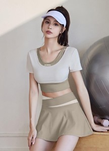 Women's Autumn Yoga Sportswear Solid Design Anti-exposure Workout <b>Skirts</b> Set Stand Collar Knee Nude Feeling Two Piece Sports Bra - Product Image 3