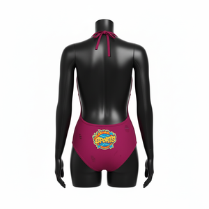 Maillot de bain une pièce pour femme en polyester et élasthanne 230 GSM, bordeaux, avec empiècements découpés, patch brodé et logo personnalisé - Product Image 4