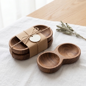 Plateau à sauce en bois en forme de 8 de 15 cm, fait main, en bois naturel, double plateau à condiments - Product Image 5