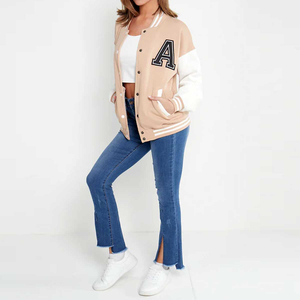 Beige White Varsity Jacket With Letter A Embroidery Preppy Style Regular Fit Turn-down Collar Single Breasted Men's Jackets - Product Image 1