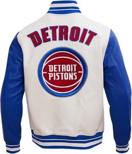 Blouson bomber brodé Detroit Pistons, blanc et bleu avec bordures contrastées, veste de sport classique pour adulte, toutes saisons - Product Image 2