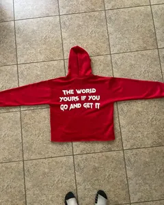 Sweat-shirt à capuche rouge à manches longues en coton, style décontracté avec impression de slogan au dos, pour adultes, unisexe, style automne 2026 - Product Image 1