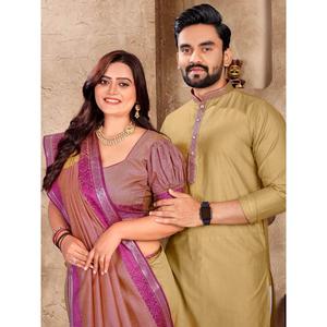 TENDENCIA LINO SEDA JACQUARD TRABAJO HOMBRE KURTA PAYJAMA Y SAREE CON BLUSA DESCOSADA CHIKU - Product Image 3