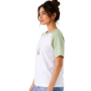 Camiseta de Manga Corta para Mujer, Blanca y Verde Menta, Estilo Raglán, con Estampado Gráfico Minimalista de Naturaleza, Cuello Redondo, Algodón, Informal, Personalizable OEM ODM - Product Image 3