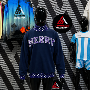 เสื้อผู้ชายแบบสั่งทำพิเศษ ตกแต่งด้วยลายปักตัวอักษร Merry คอตั้ง แขนยาว ลายจุดตัดสี ทรงหลวม ชุดฤดูหนาว 2 ชิ้น สีชมพู คอเต่า - Product Image 2