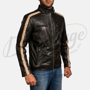 Veste en cuir véritable noire pour homme avec bandes de course beiges, veste de motard élégante, coupe ajustée, manteau d'hiver sportif en cuir véritable - Product Image 3