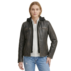 Chaqueta de Motociclista para Hombre, de Cuero Genuino, con Capucha, Cierre de Cremallera, Color Sólido, Corte Regular, Estilo Otoñal - Product Image 3