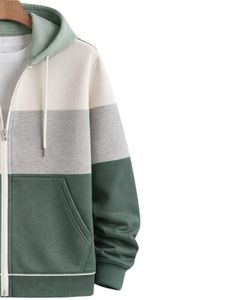 Sweat à capuche zippé personnalisé pour homme, vert sauge et gris, en molleton de coton, style streetwear décontracté, veste d'hiver, fabrication sur mesure - Product Image 3