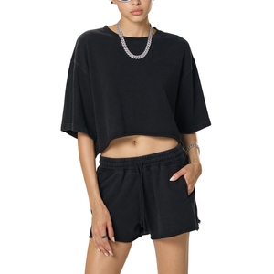 Custom <b>Black</b> <b>Crop</b> <b>Top</b> <b>Shorts</b> Set Heavyweight Cotton Oversized <b>Short</b> <b>Sleeve</b> Two Piece Lounge set - Product Image 4