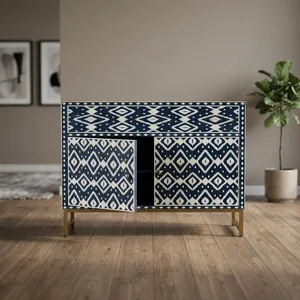 Buffet en bois à motif géométrique moderne, console de rangement décorative avec deux portes et pieds en laiton pour salon et chambre à coucher - Product Image 4