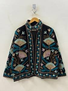 Handcrafted Black Velvet Suzani Embroidered <b>Jacket</b> <b>Women</b> Open Front Mandarin Collar Short Coat Reversible Boho Outerwear - Product Image 2