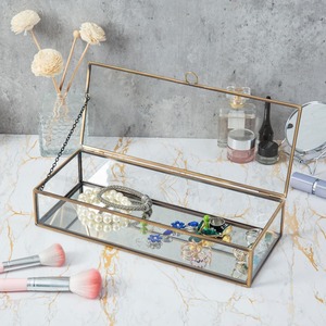 Jewelry Box with Metal Frame <b>Hinged</b> Lid Mirror Base Organizer for Rings <b>Earrings</b> Bracelets Display Case Decorative Storage Box - Product Image 2