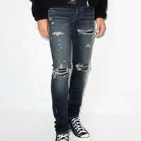Yeni tasarım yıkanmış erkek kot Denim ince Ripped konik pantolon erkekler orta sokak rahat erkek kot delik