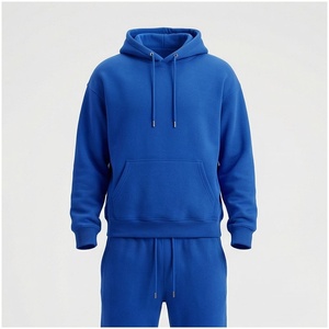 Ensemble de survêtement unisexe bleu à capuche, manches longues, couleur unie, coupe décontractée, pour l'automne, 100 % coton respirant, poids moyen - Product Image 1
