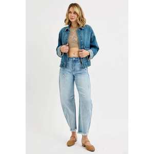 RISEN Veste en jean surdimensionnée à poches cargo pour femme avec manches à revers - Product Image 1