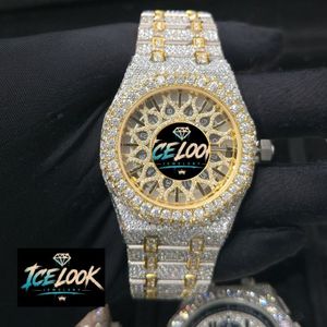 ICE LOOK นาฬิกาข้อมือผู้ชายสแตนเลสทรงกลม 40 มม. นาฬิกาควอทซ์แบบแอนะล็อก ประดับโมอิสซาไนต์ สายสีทอง ปุ่มกดแบบซ่อน - Product Image 5