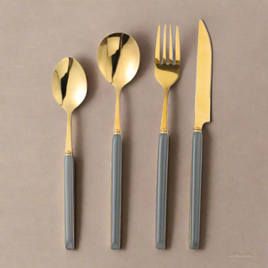 Juego de cubiertos de acero inoxidable y metal de calidad superior para servir comida, vajilla, diseño atractivo, tapa de Color dorado y mango gris - Product Image 4