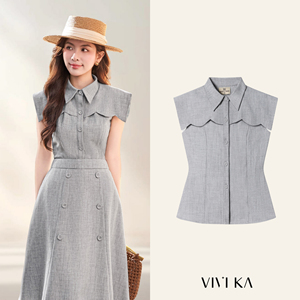 Blusa Elegante Gris para Mujer, Cuello Marinero, Corte Entallado, Sin Mangas, Estilo Oficina Chic, Poliéster y Spandex, MELA, ODM OEM - Product Image 1