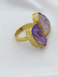 Natural Agate Statement <b>Ring</b> Brass Gold Plated Bezel <b>Set</b> Resizable Tropical Jewelry for <b>Women</b> - Product Image 3
