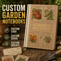 Carnet de notes LABON personnalisé en kraft brun avec dos en lin et dorure à chaud, motif Jardin Botanique, style pochette de graines vintage, avec logo personnalisé, idéal comme cadeau