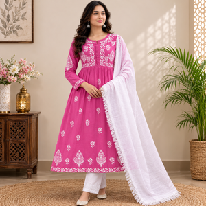 Kurti droit en coton rose brodé à la main style Lucknowi Chikankari, tunique ethnique simple et élégante pour femme - Product Image 1