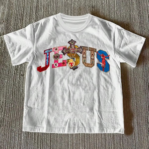 Camiseta de Manga Corta para Mujer, 100% Algodón de Alta Calidad, con Estampado Gráfico de Cruz y Jesús con Piedras Preciosas Multicolores, Cuello Redondo - Product Image 1