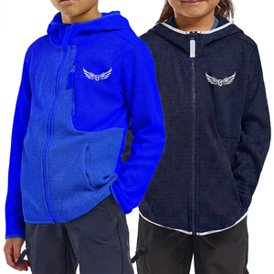 Color Blocking Hooded Fleece <b>Jacket</b> with Zipper Embroidered Logo Front Pocket Design for Kids Autumn Wear - Product Image 4