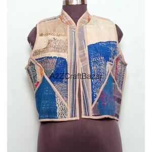 100% Cotton <b>Kantha</b> Waistcoat for Women Handmade Unique Spring Winter Sleeveless Vest with Patchwork Logo Design - Product Image 4