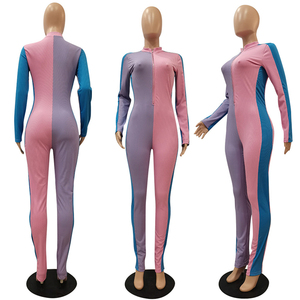 Combinaison femme color block à manches longues, taille haute, coupe ajustée, longueur intégrale, col rond, en Spandex et Polyester, style streetwear - Product Image 1