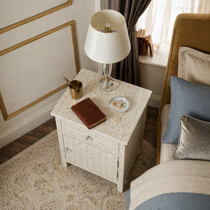 Bone Inlay Traditional Nightstand Two Drawer Bedside Table Decorative <b>Storage</b> <b>Cabinet</b> for Bedroom Hotel - Product Image 5