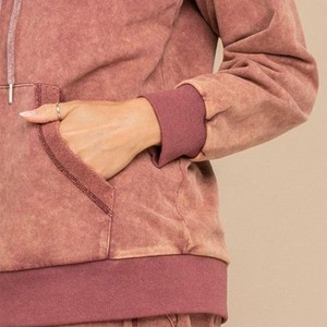 OEM Custom Women's Cotton Acid Wash <b>Hoodie</b> Mauve <b>Pink</b> Pullover Sweatshirt Contrast Cuff Heavyweight Vintage <b>Hoodie</b> Wholesale - Product Image 4
