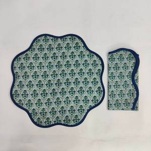 <b>Round</b> scalloped botanical Placemat Block Print fabric <b>table</b> mat easy care machine washable rustic kitchen decor <b>dining</b> mat <b>set</b> - Product Image 2