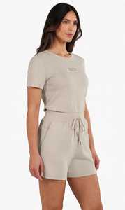 Oneten Apparels <b>Women</b> <b>2</b> <b>Piece</b> Shorts Set Beige Casual Crew Neck Top With Drawstring Pockets Summer <b>Outfit</b> - Product Image 4