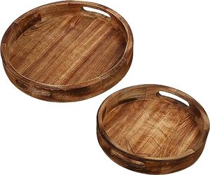 Grands plateaux de service ronds en bois d'acacia pour bar, café, fête, plat de service, petit-déjeuner, nourriture, thé, fruits, ustensiles de cuisine, articles ménagers - Product Image 2