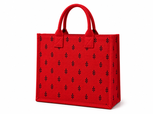 Sac fourre-tout moyen en jute rouge laminé à motif feuilles, écologique, réutilisable, durable, pour usage quotidien, vente en gros, plage, courses, exposition - Product Image 1